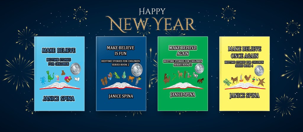 A collection of children's bedtime storybooks by Janice Spina, featuring colorful covers against a starry background with fireworks, celebrating the New Year.