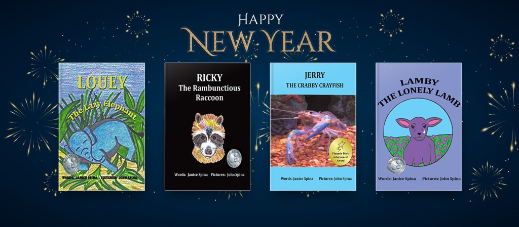 A colorful graphic displaying four children's book covers: 'Louey The Lazy Elephant,' 'Ricky The Rambunctious Raccoon,' 'Jerry The Crabby Crayfish,' and 'Lamby The Lonely Lamb,' set against a dark blue background with festive decorations and 'Happy New Year' text.