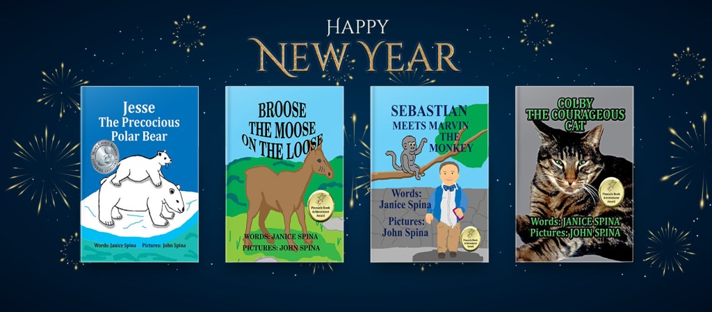 Happy New Year banner with four children's book covers: 'Jesse The Precocious Polar Bear', 'Broose The Moose On The Loose', 'Sebastian Meets Marvin The Monkey', and 'Colby The Courageous Cat', set against a dark blue background with fireworks.