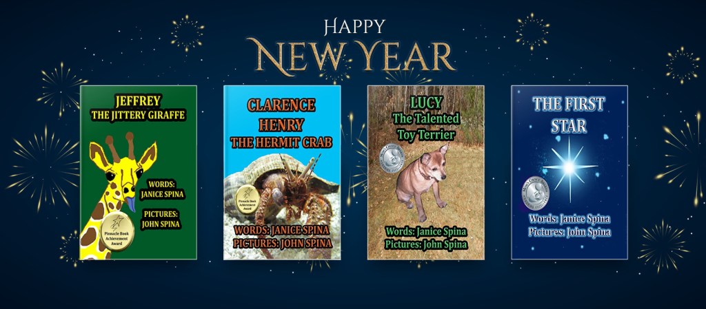 A New Year celebration graphic featuring four children's book covers: 'Jeffrey the Jittery Giraffe,' 'Clarence Henry the Hermit Crab,' 'Lucy the Talented Toy Terrier,' and 'The First Star,' all set against a dark blue background with fireworks and the text 'Happy New Year'.