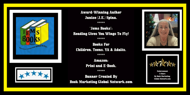 Banner featuring 'Jems Books' by award-winning author Janice (J.E.) Spina, highlighting that reading empowers and supports various age groups, with visuals of books and author photos.