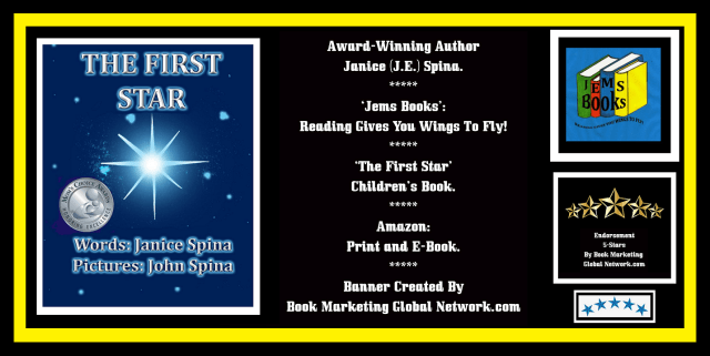 Promotional banner for 'The First Star', a children's book by author Janice Spina, featuring an illustration of a star and details about the book's availability in print and e-book formats.
