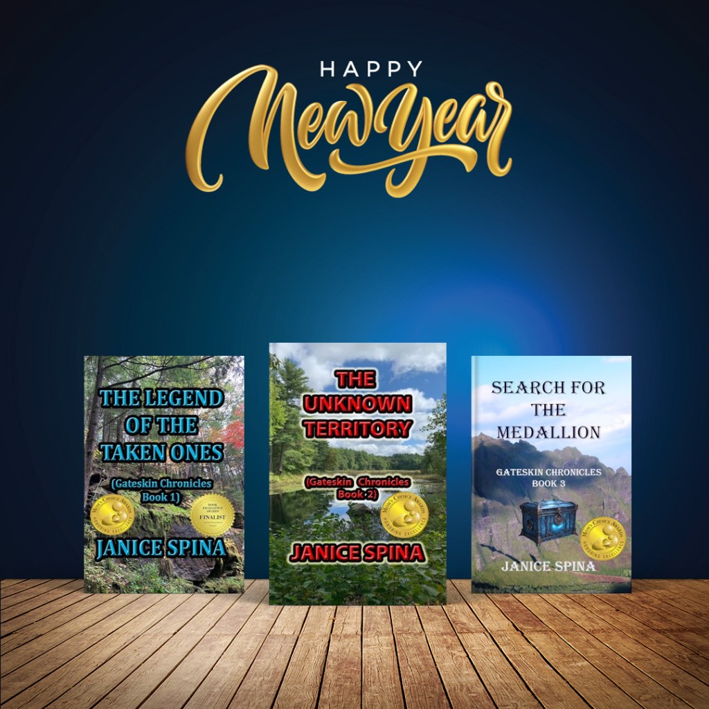 Three book covers displayed on a wooden surface with a blue background. The left cover is titled 'The Legend of the Taken Ones', the middle cover is 'The Unknown Territory', and the right cover is 'Search for the Medallion'. The text above reads 'HAPPY NEW YEAR'.