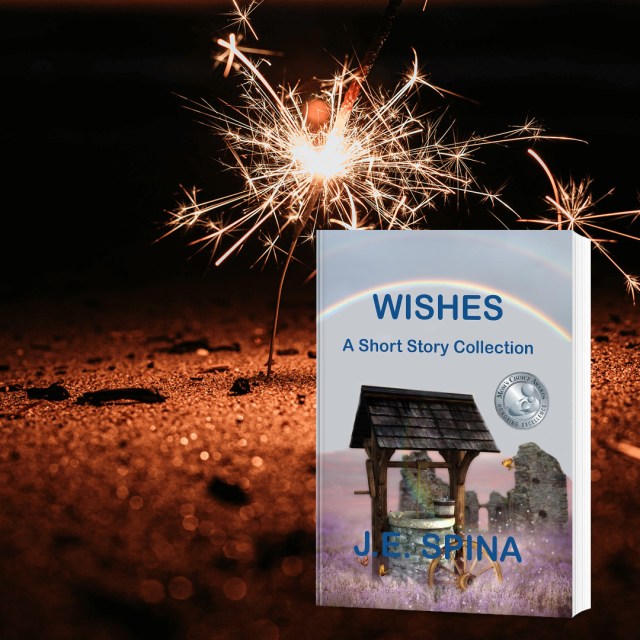Book cover of 'Wishes: A Short Story Collection' featuring a rainbow and a wishing well, with a sparkler in the background.