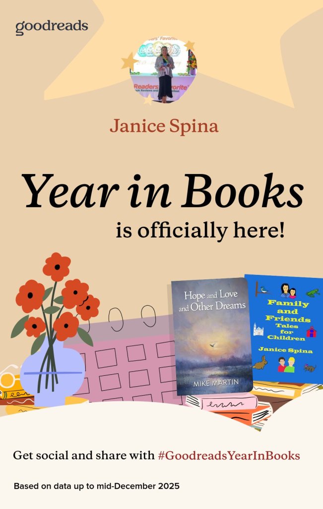 A colorful graphic featuring the title 'Year in Books is officially here!' with author names Janice Spina and Mike Martin, alongside book covers and a decorative background.