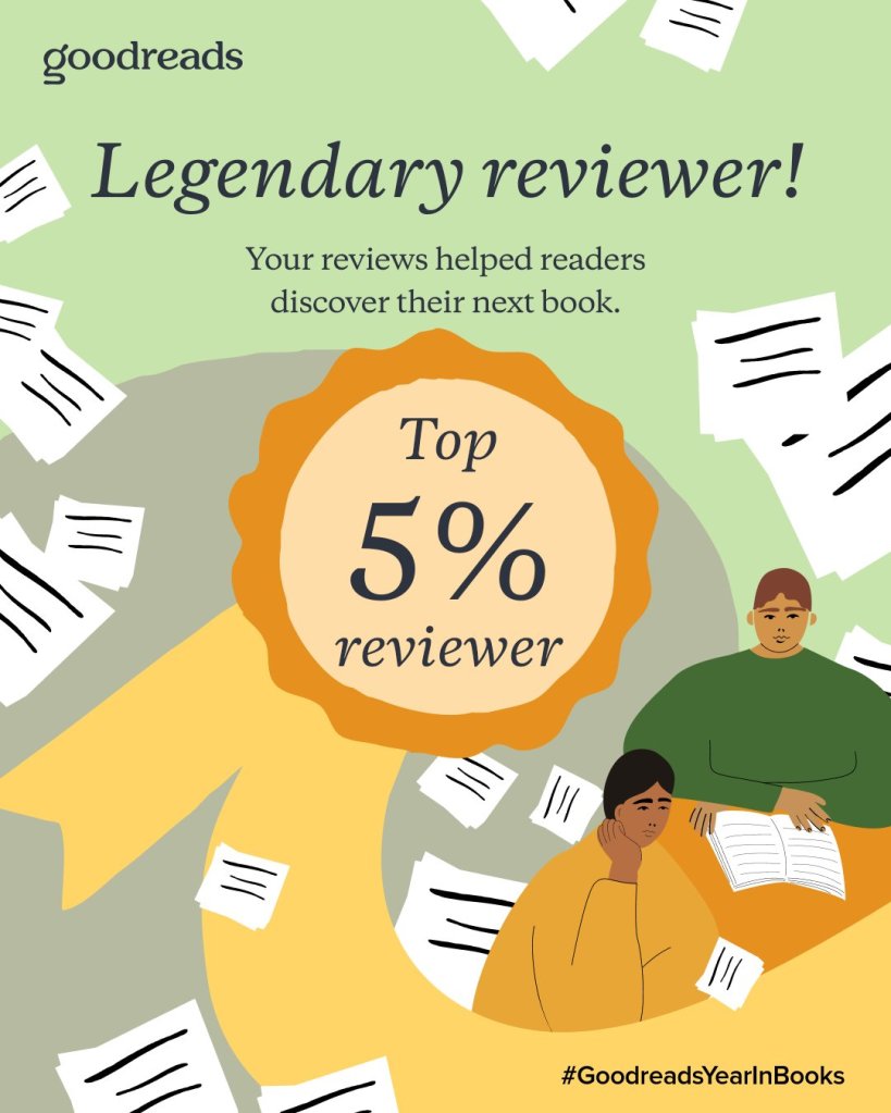 Graphic celebrating a top 5% reviewer on Goodreads, featuring two people reading surrounded by scattered review papers.