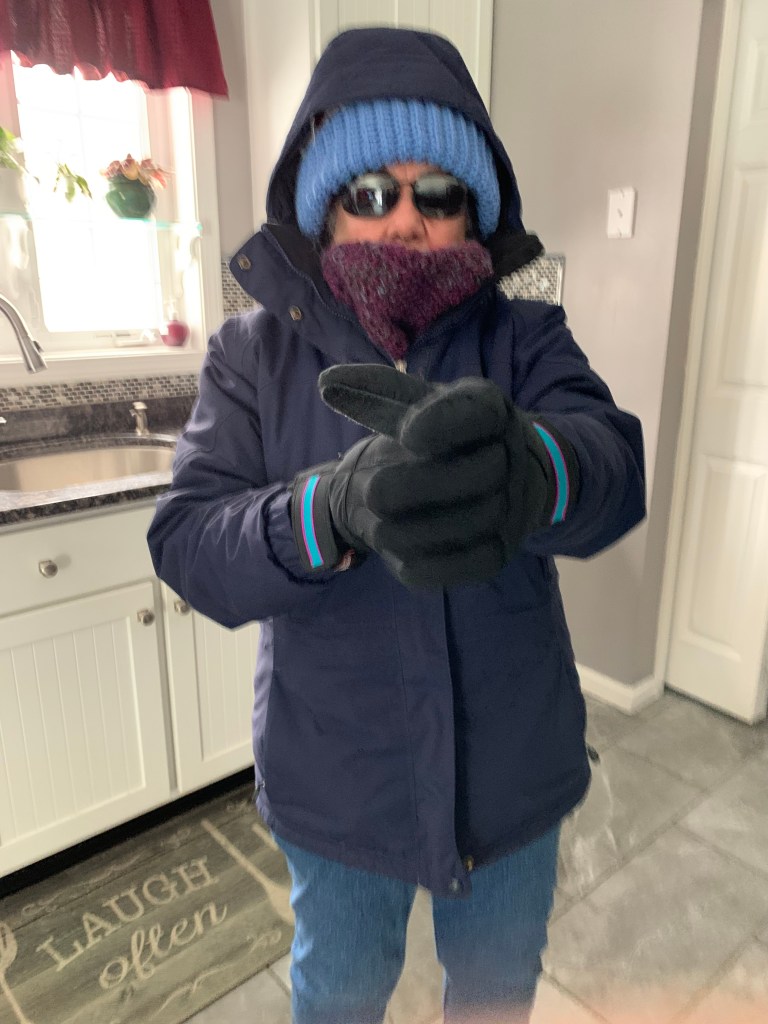 Person wearing a heavy winter coat, knitted hat, scarf, and sunglasses, posed indoors, preparing to go outside.