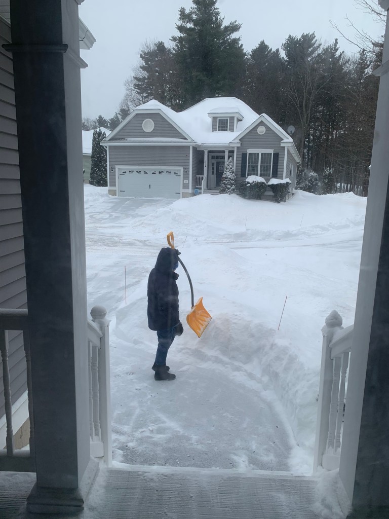 A person shoveling snow from a driveway in front of a house during a winter snowfall.