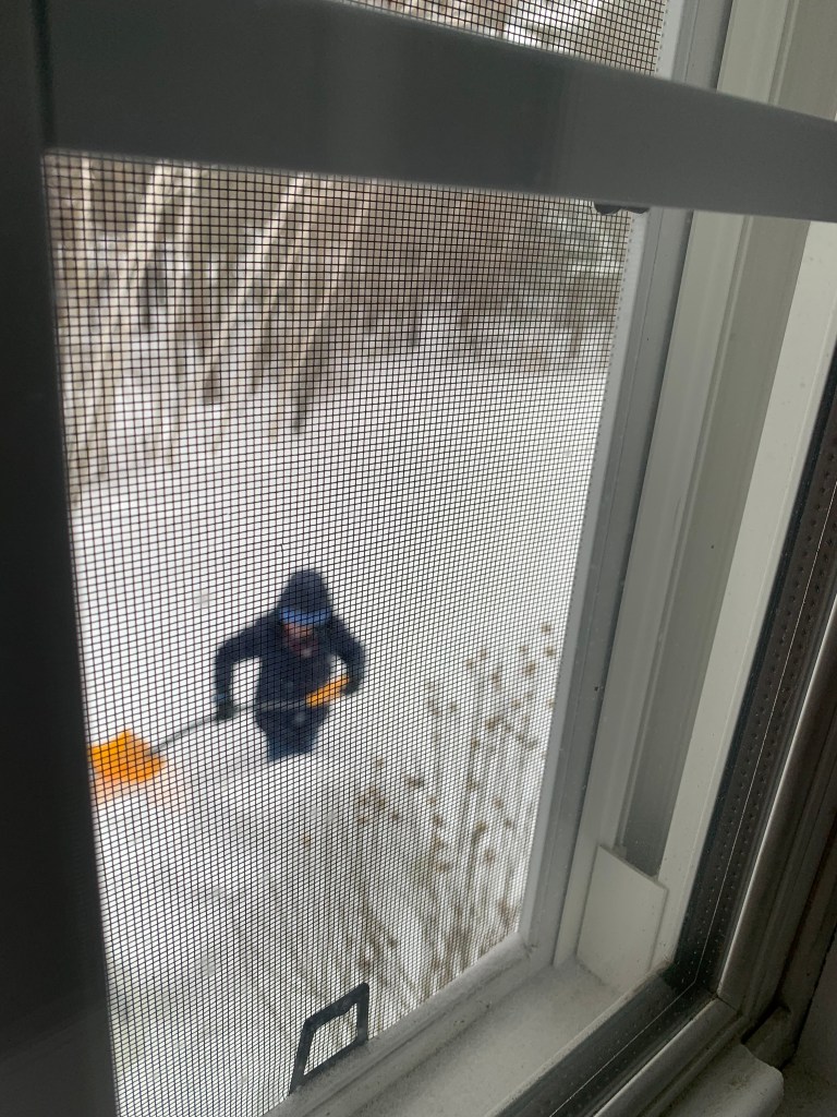 A person shoveling snow outside a window, wearing a blue jacket and hat, against a background of deep snow and trees.