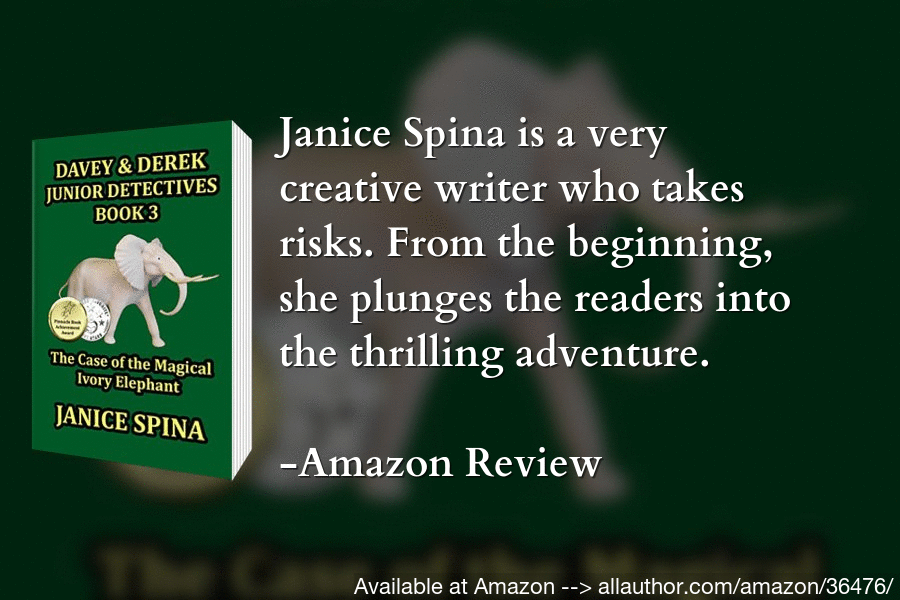 A promotional image featuring the book 'Davey & Derek Junior Detectives Book 3: The Case of the Magical Ivory Elephant' by Janice Spina, with an Amazon review praising the author's creativity and engaging storytelling.
