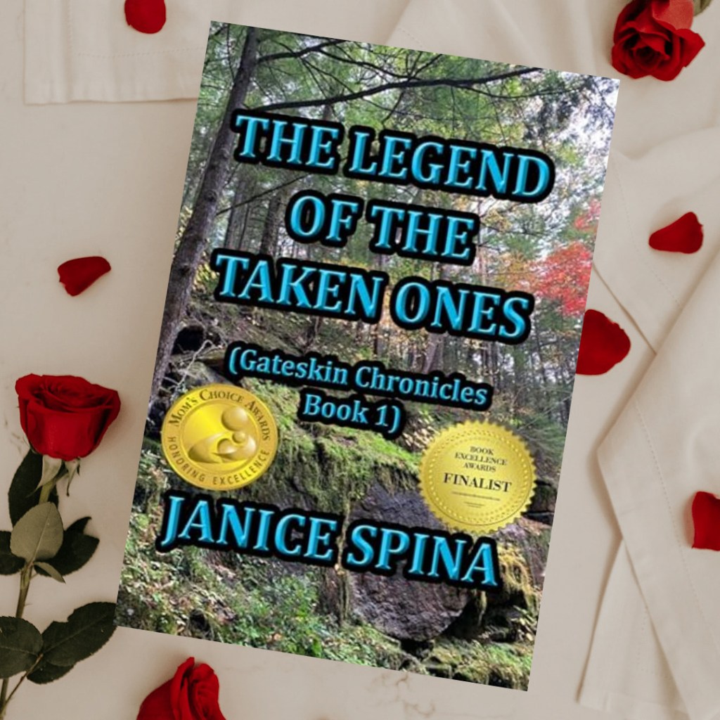 A book cover featuring 'The Legend of the Taken Ones' by Janice Spina, set against a backdrop of trees and nature, with awards displayed at the bottom.