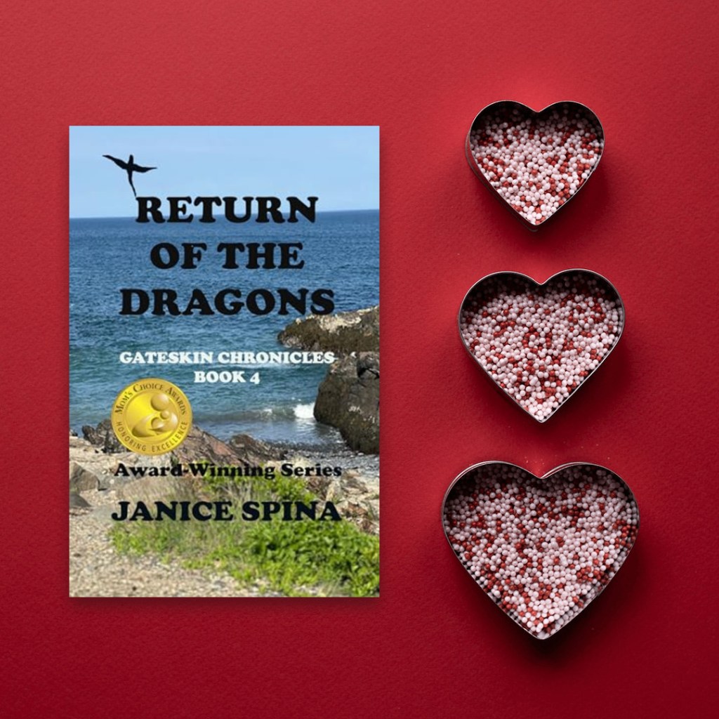 Book cover of 'Return of the Dragons', book 4 of the Gateskin Chronicles by Janice Spina, featuring a scenic ocean view and gold award seal, paired with heart-shaped containers filled with colorful beads on a red background.